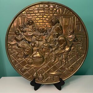 Vintage Embossed Hammered Brass Wall Plate Plaque Made by Lombard of England 17"